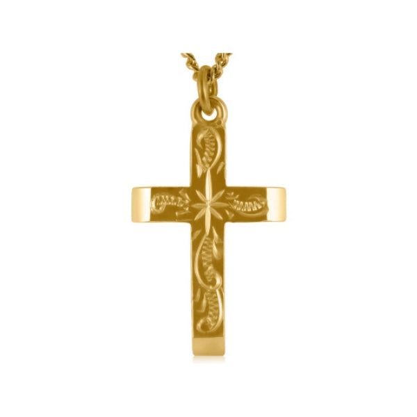 Engraved cross pendant in 9ct yellow gold with 45cm diamond cut curb chain