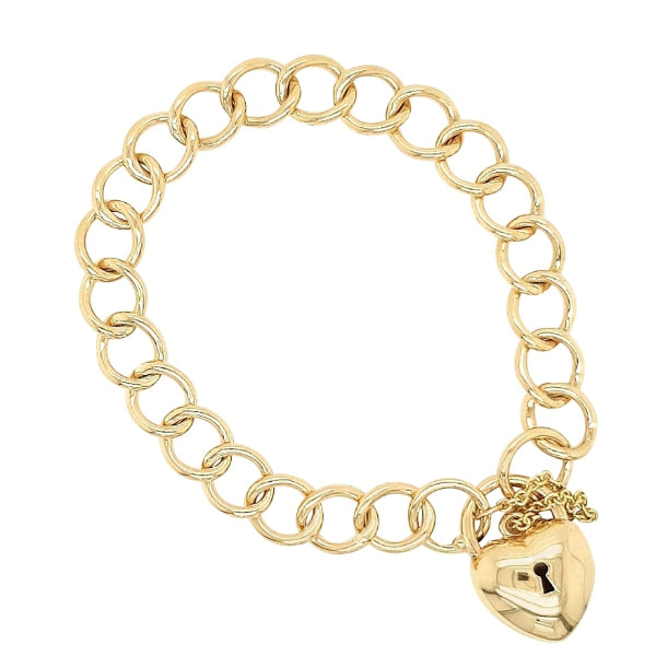 18cm open curb bracelet with puff heart clasp in 9ct yellow gold