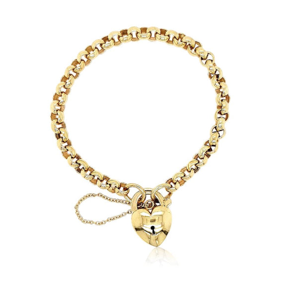 Heavy round belcher bracelet with puff heart clasp in 9ct yellow gold - 18cm