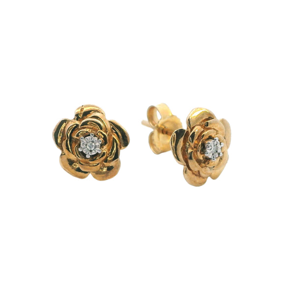 Diamond set flower stud earrings in 9ct yellow gold