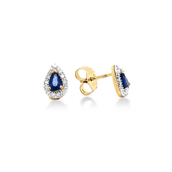 Sapphire and diamond teardrop stud earrings in 9ct yellow gold