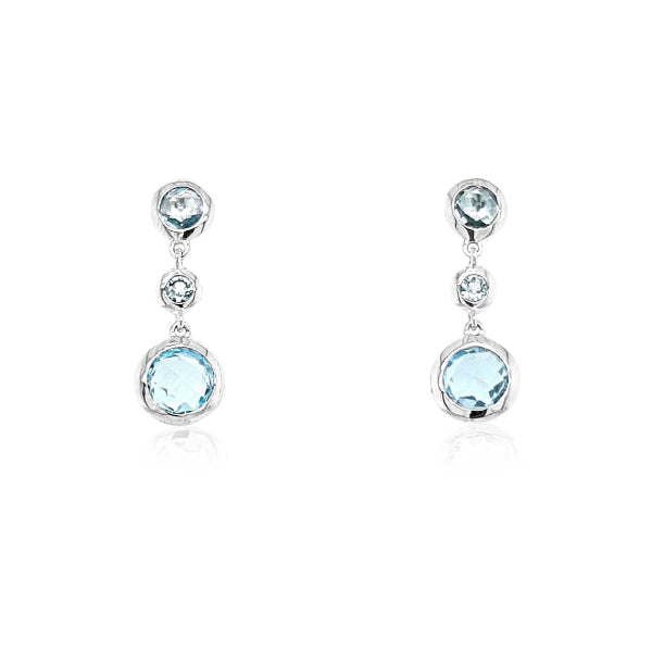 Blue topaz three stone drop stud earrings in 9ct white gold