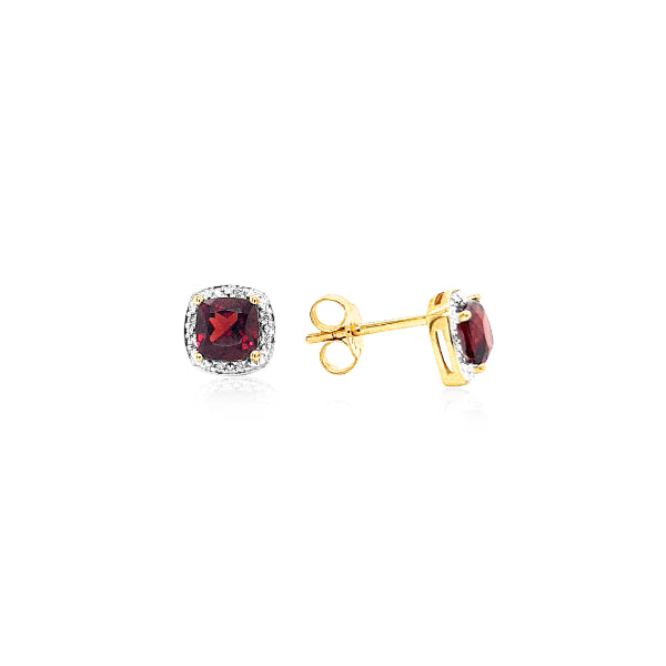 Cushion cut garnet and diamond halo stud earrings in 9ct yellow gold