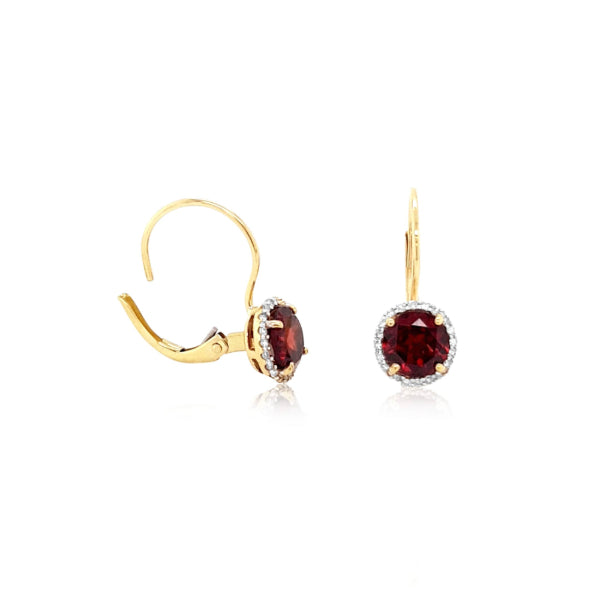 Garnet and diamond halo euroclip earrings in 9ct yellow gold