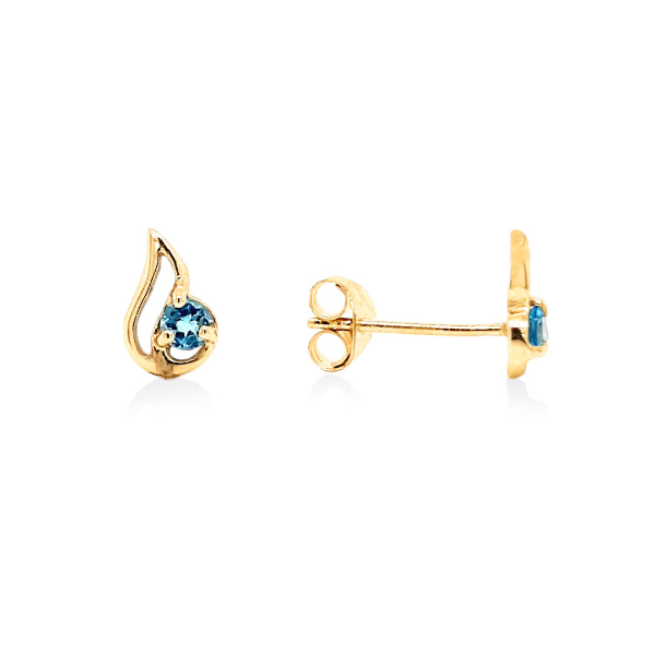 Blue topaz open teardrop stud earrings in 9ct yellow gold
