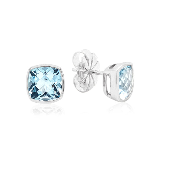 Cushion cut blue topaz stud earrings in 9ct white gold - 8mm