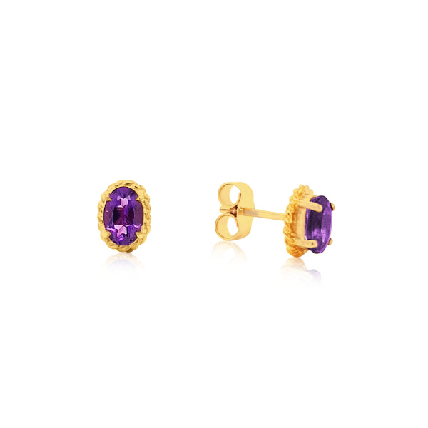 Oval amethyst rope edged stud earrings in 9ct yellow gold