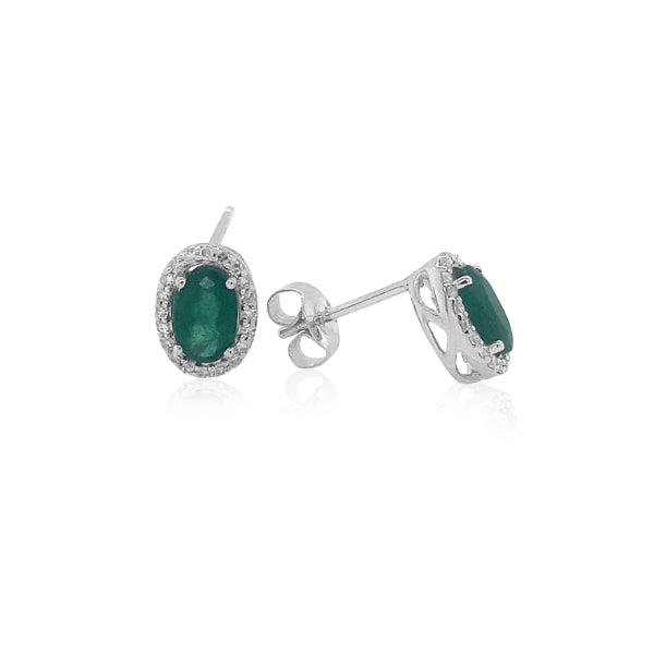 Emerald and diamond oval halo stud earrings in 9ct white gold