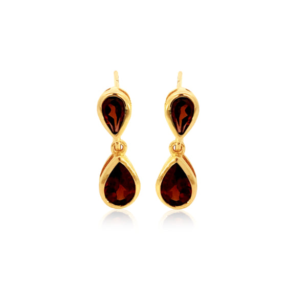 Pear shaped garnet drop on stud earrings in 9ct yellow gold