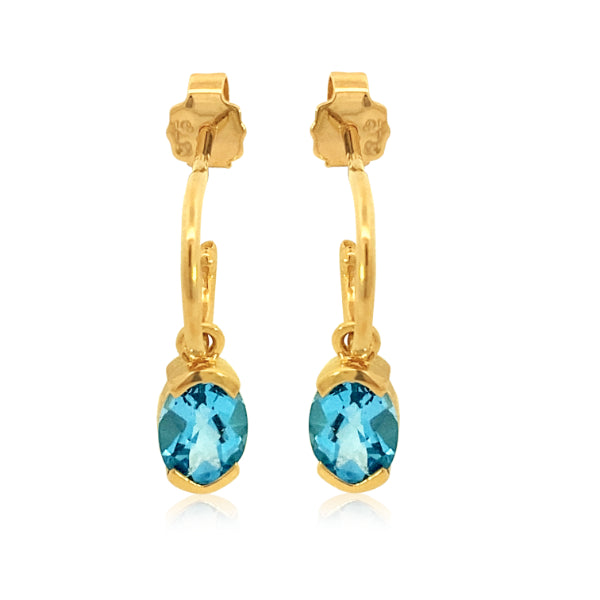 Blue topaz drops on half hoops in 9ct yellow gold