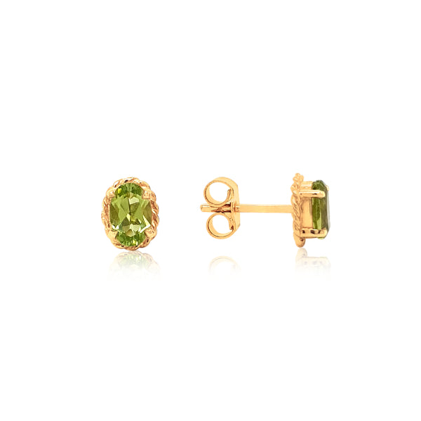Oval peridot rope edged stud earrings in 9ct yelllow goldt