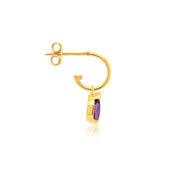 Amethyst semi rubover on half hoop earrings in 9ct yellow gold