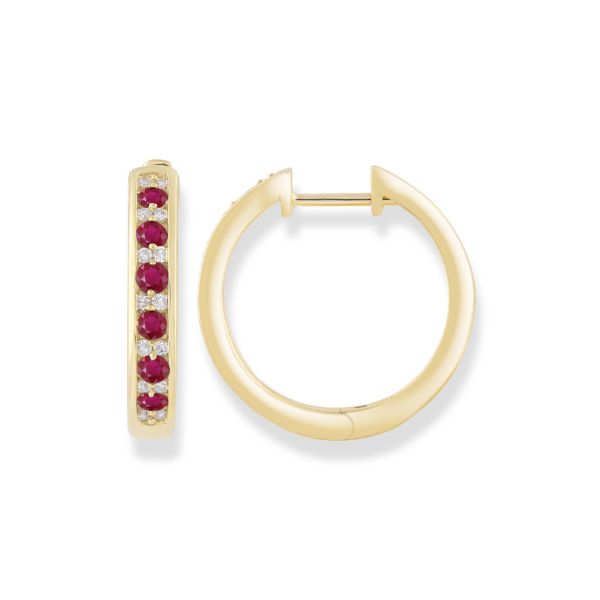 Ruby and diamond huggie earrings in 9ct yellow gold