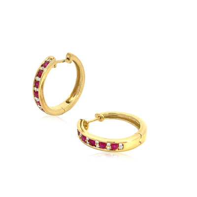 Ruby and diamond huggie earrings in 9ct yellow gold