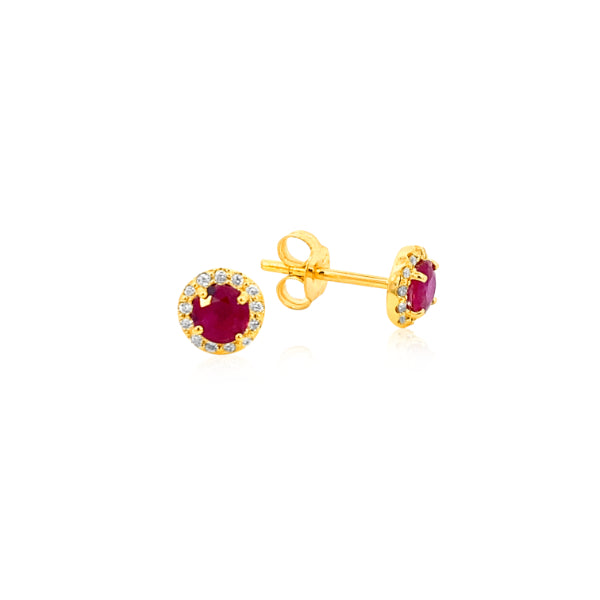 Ruby and diamond halo stud earrings in 9ct yellow gold