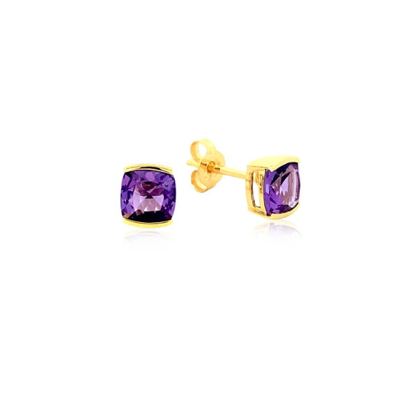 Amethyst cushion cut stud earrings in 9ct yellow gold - 6mm