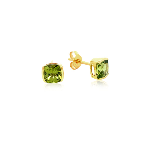 Peridot cushion cut stud earrings in 9ct yellow gold - 6mm