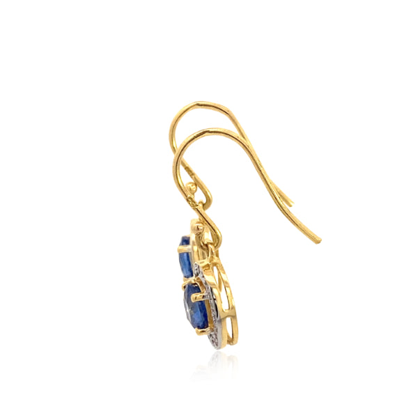 Ceylon sapphire and diamond halo drop earrings in 9ct yellow gold