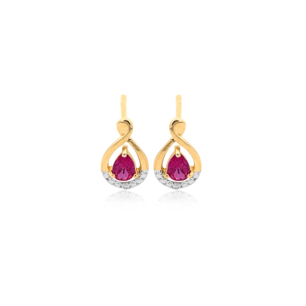 Teardrop ruby and diamond stud earrings in 9ct yellow gold