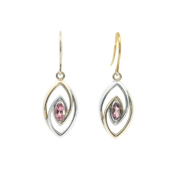 Oval drop earrings with pink tourmaline in 9ct yellow gold with rhodium plate