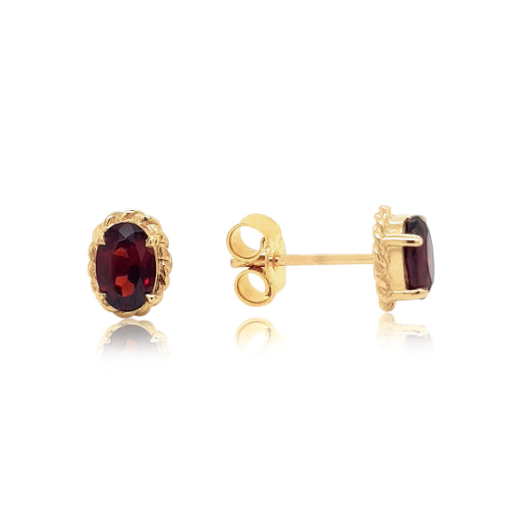 Oval garnet rope edged stud earrings in 9ct yellow gold