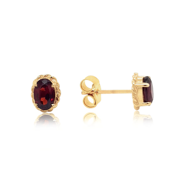 Oval garnet rope edged stud earrings in 9ct gold