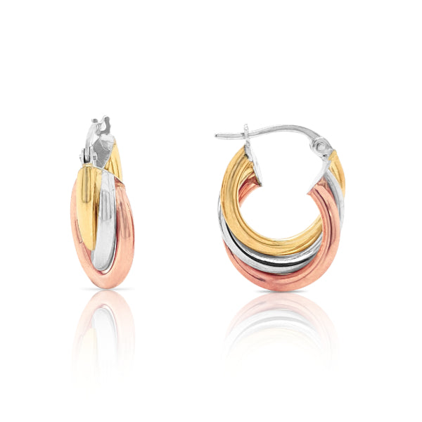 9ct tri colour gold tube hoop earrings