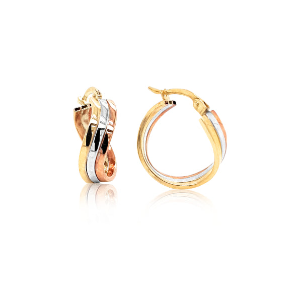 Twisted creole hoop earrings in 9ct rose, yellow and white gold