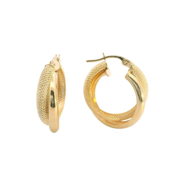 Plain and frosted lever clasp hoop earrings in 9ct yellow gold - 15mm