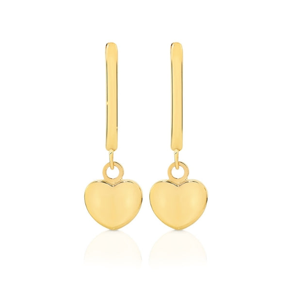 Huggie hoop earrings with heart drop in 9ct yellow gold