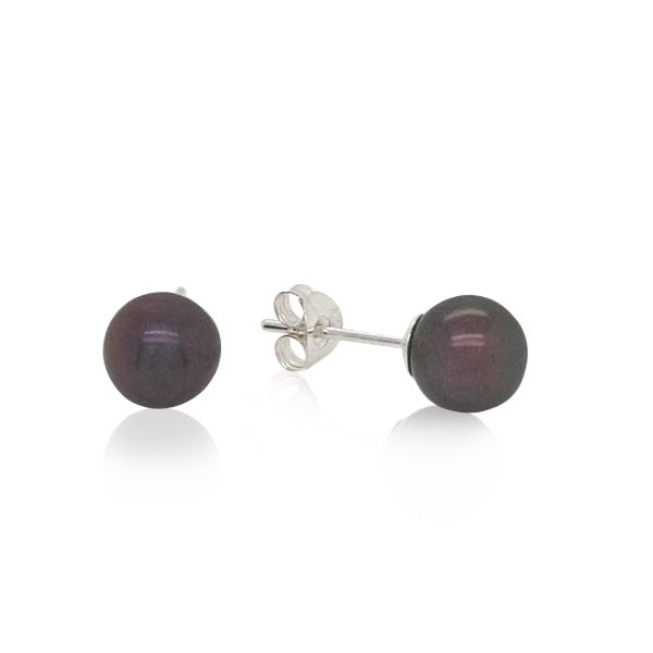 Round black freshwater pearl stud earrings - 7mm