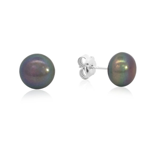 Black pearl stud earrings in sterling silver - 10mm wide by 6.6mm
