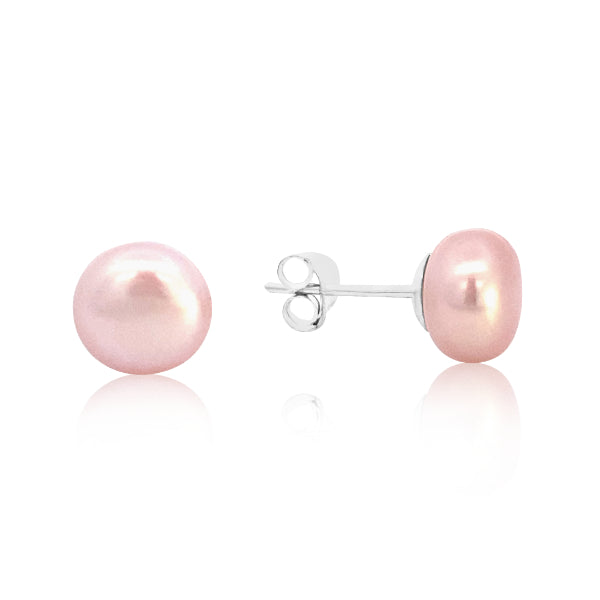 Natural pink fresh water pearl stud earrings in serling silver - 8mm