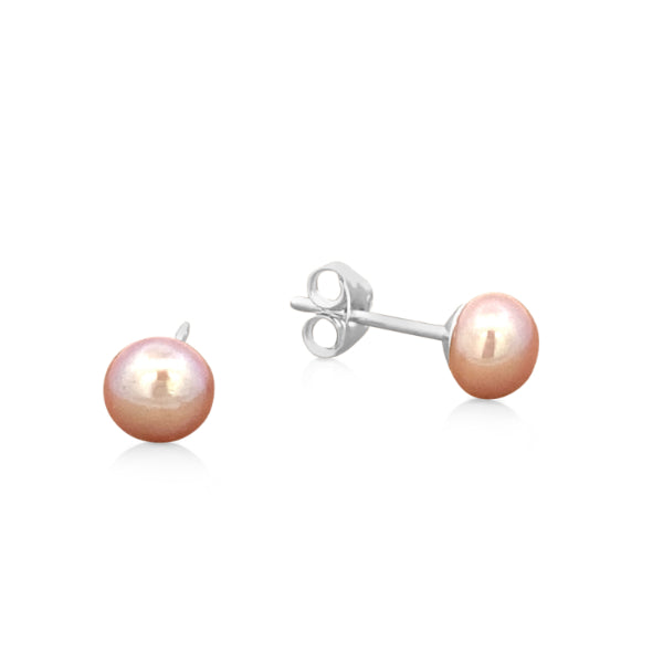 Natural pink fresh water pearl stud earrings in sterling silver - 6mm