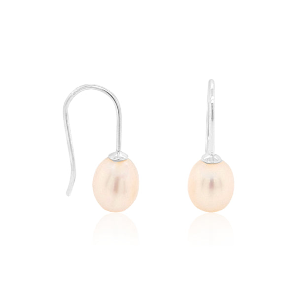 White fresh water pearl drop hook earrings in sterling silver - 7-7.5