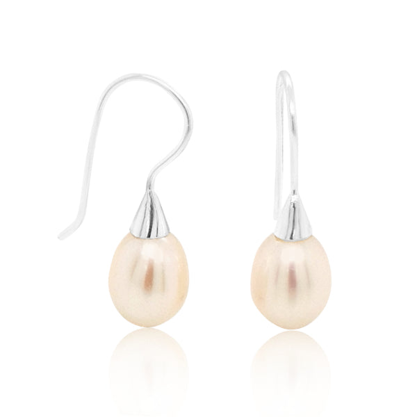 Fixed white freshwater pearl drop hook earrings in sterling silver - 9.5-10mm