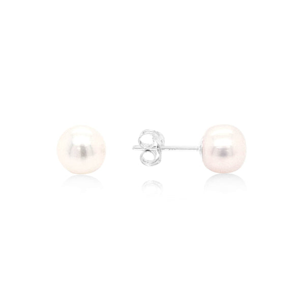 White button fresh water pearl stud earrings in sterling silver - 7mm