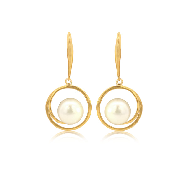 White fresh water pearl swirl hook earrings in 9ct yellow gold - 7-7.5mm