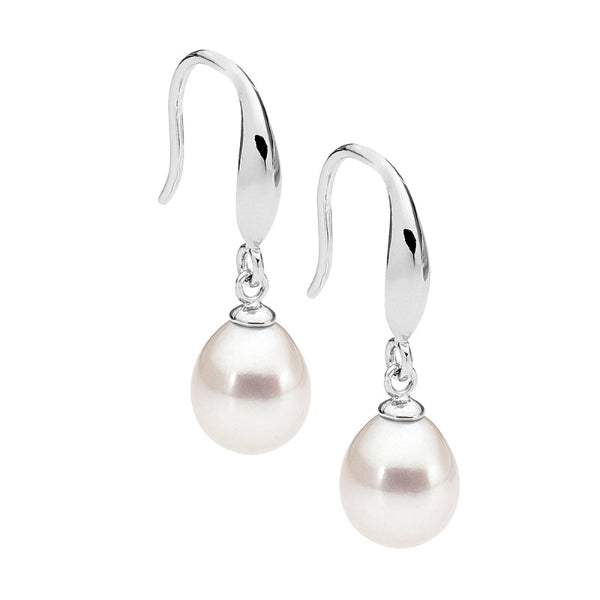 Ellani white fresh water pearl drop earrings in sterling silver