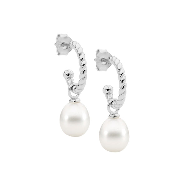 Ellani white fresh water pearl twist hoop earrings in sterling silver