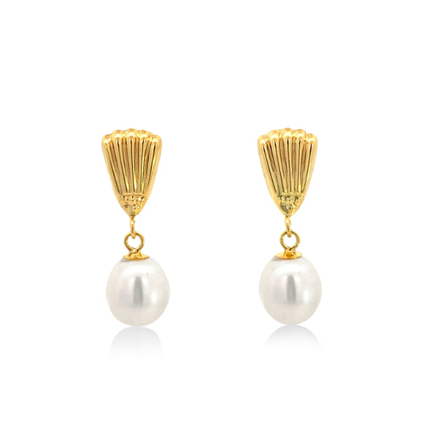 Gold pearl drop earrings on shell patterned bale in 9ct yellow gold