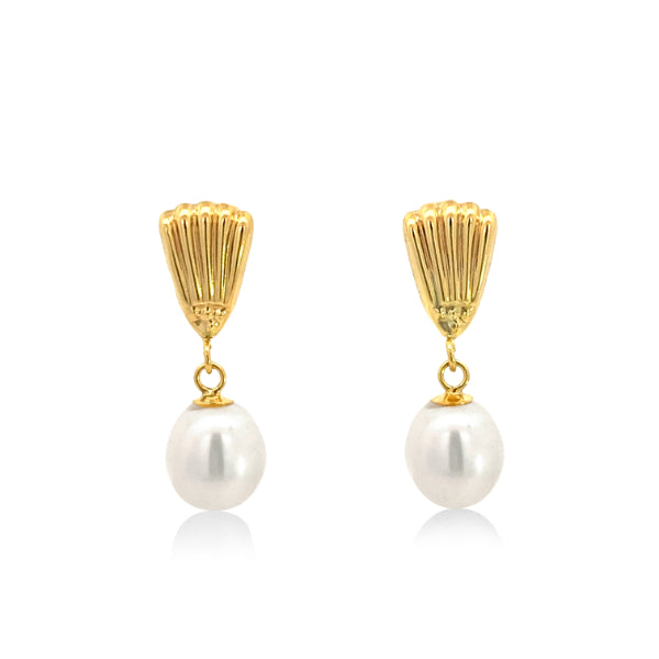 Gold pearl drop earrings on shell bale in 9ct yellow gold