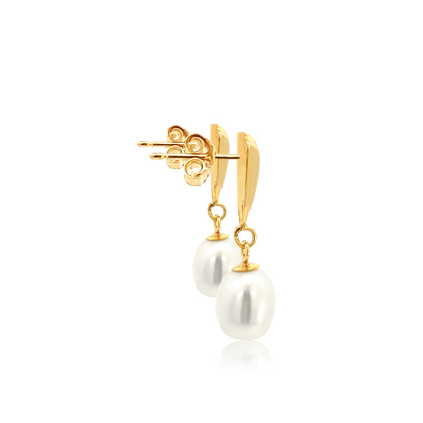 Gold pearl drop earrings on shell patterned bale in 9ct yellow gold