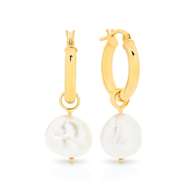 Keshi white pearl hoop earrings in 9ct yellow gold - 10-11mm