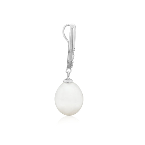 White pearl drop pendant with CZ bale in sterling silver