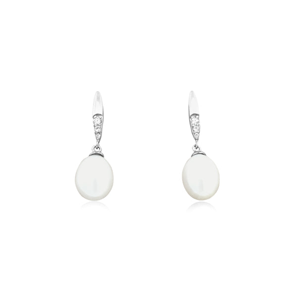 White freshwater pearl and CZ drop stud earrings in sterling silver