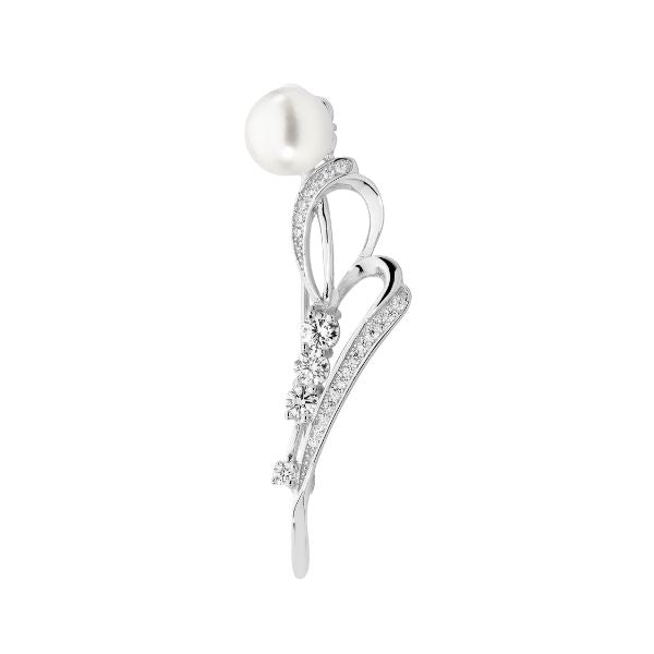 Ellani pearl and cz ribbon brooch in sterling silver