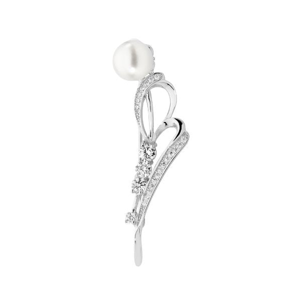 Pearl and CZ ribbon brooch in sterling silver