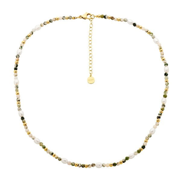 Ellani freshwater pearl and tree agate necklace in gold plated stainless steel