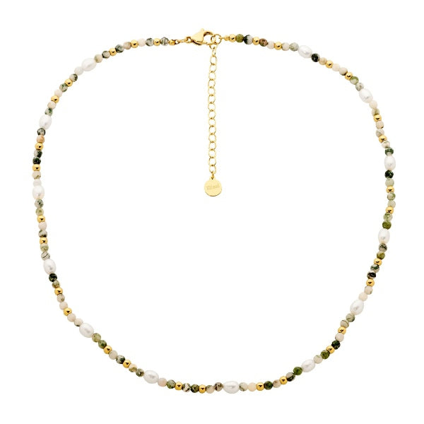 Freshwater pearl and tree agate necklace in gold plated stainless steel - 45cm